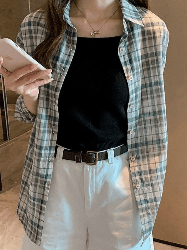 Vintage Checkered Long Sleeve Button Blouse Green / S Shirts Main image