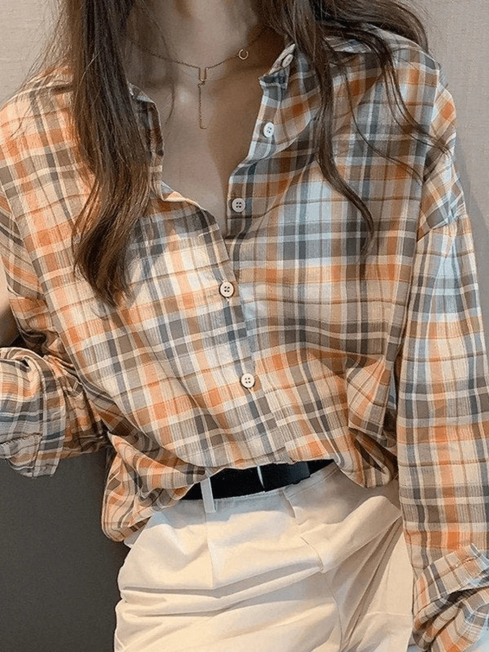 Vintage Checkered Long Sleeve Button Blouse Orange / S Shirts