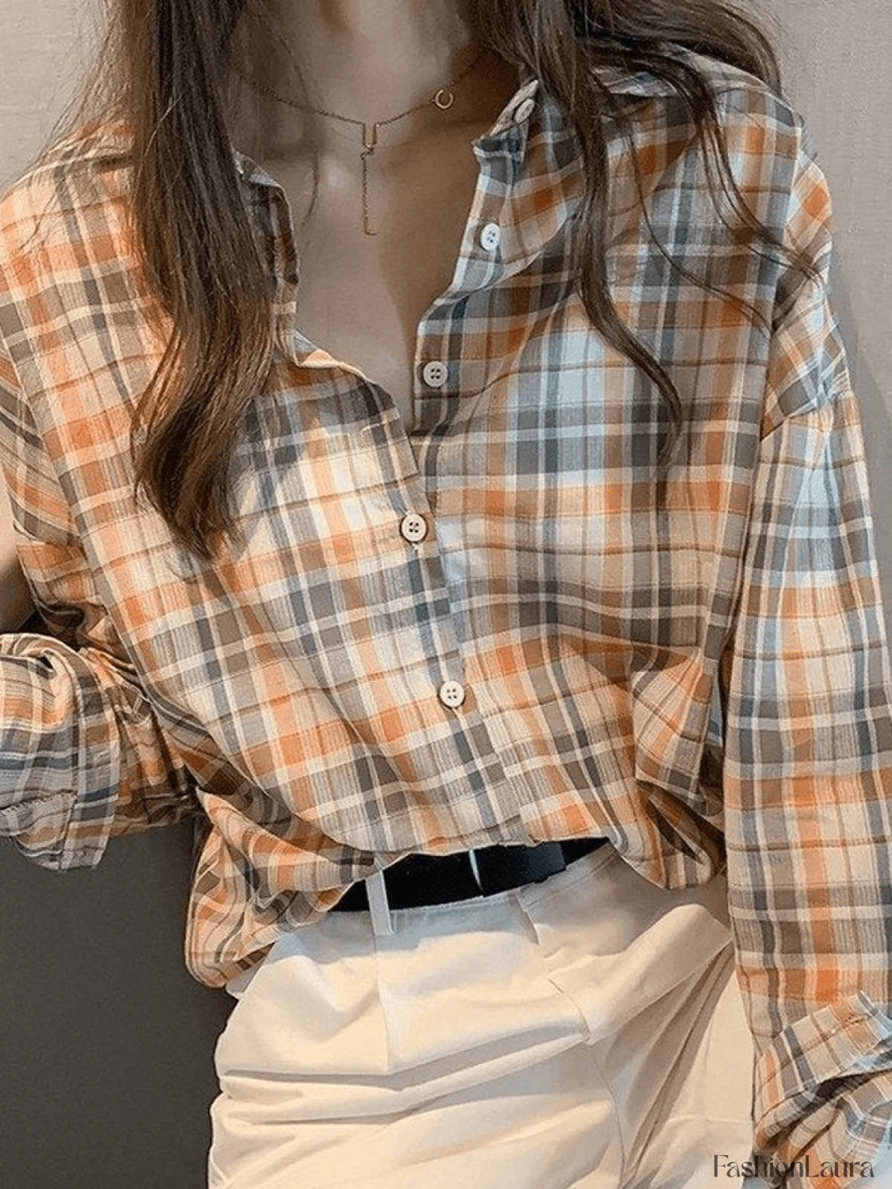 Vintage Checkered Long Sleeve Button Blouse Orange / S Shirts