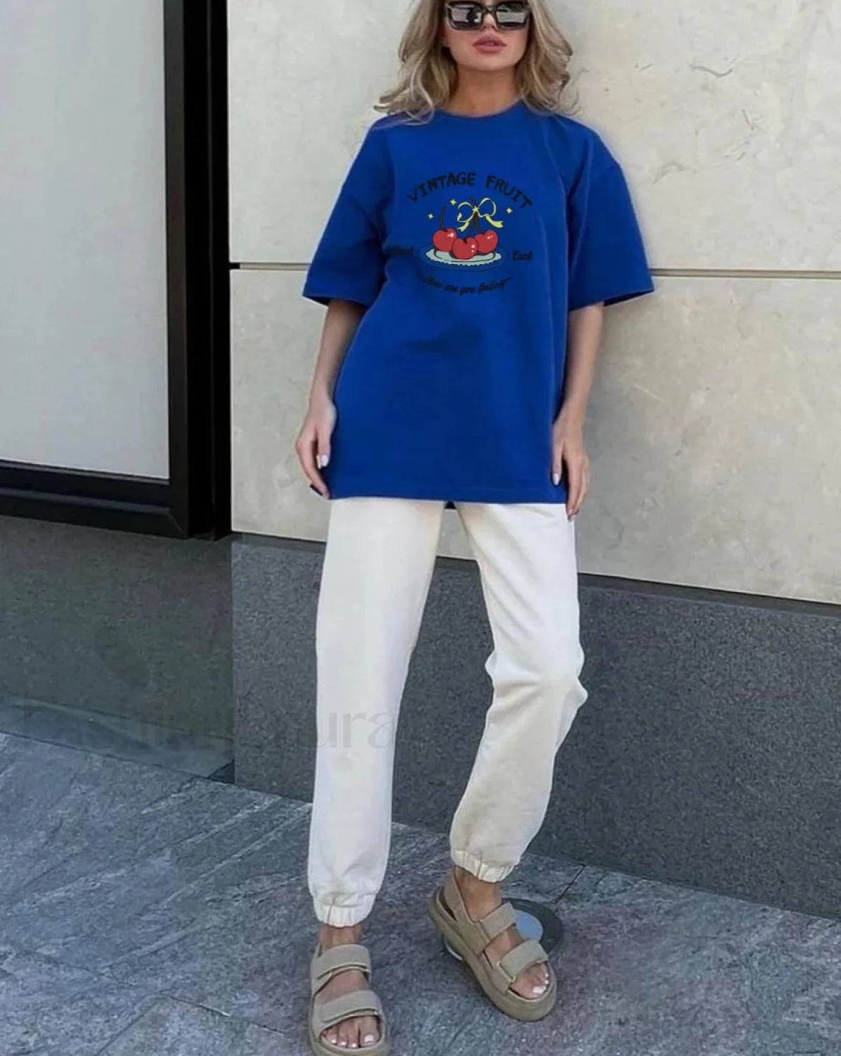 Vintage Chic Letter Printed T Shirt Blue / M