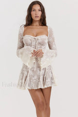 Vintage Cream Stylish Lace Belted Dress