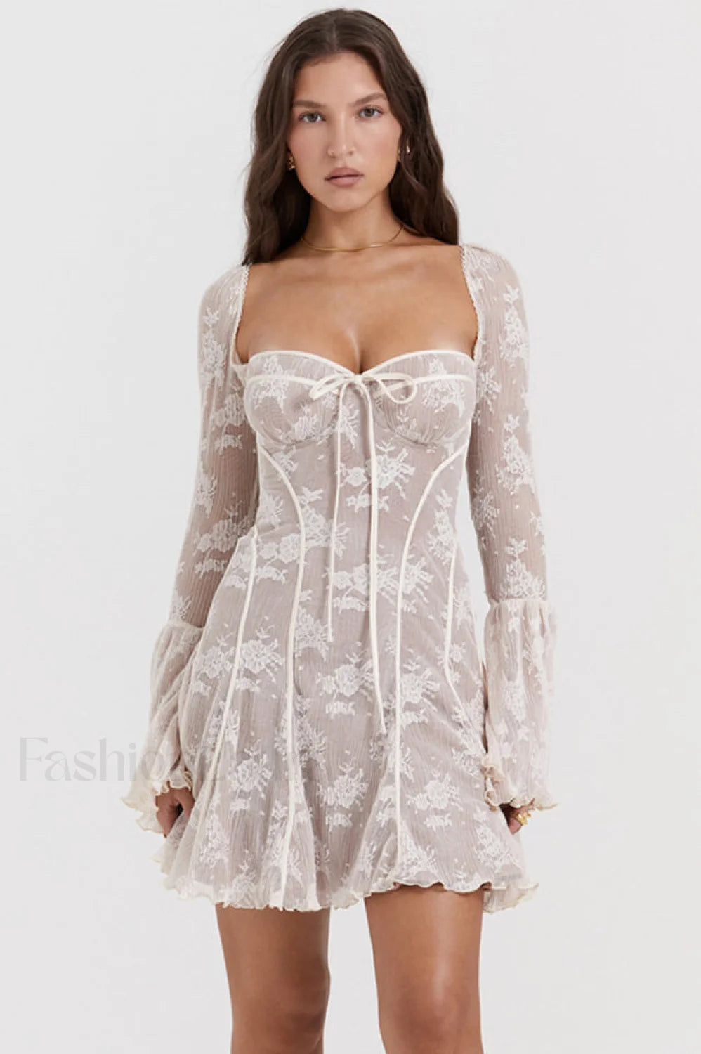 Vintage Cream Stylish Lace Belted Dress XS / Cream