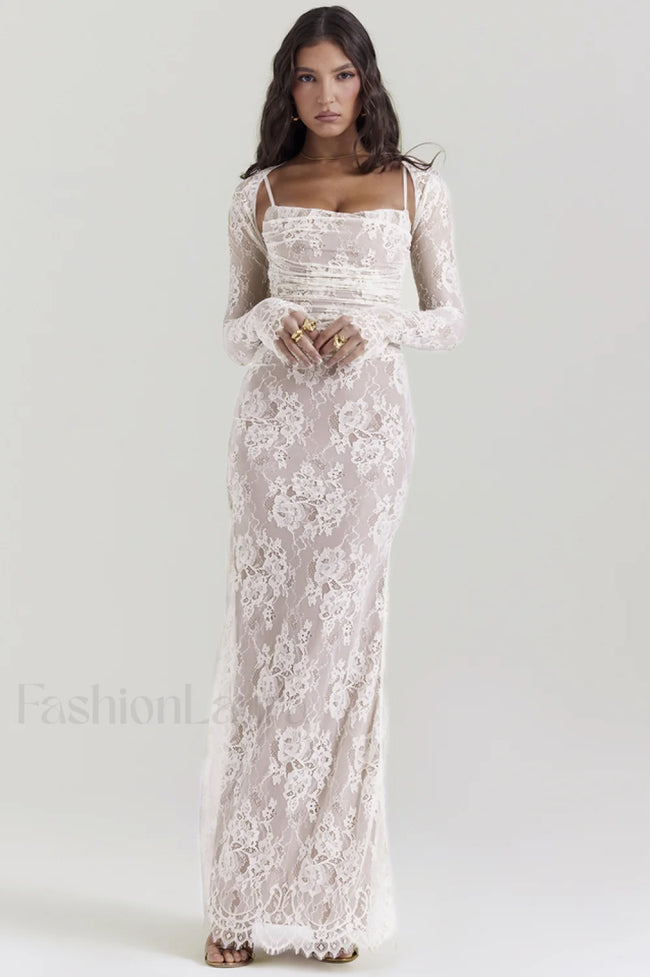 Vintage Cream White Charming Lace Maxi Dress S / Cream White Main image