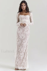 Vintage Cream White Charming Lace Maxi Dress S / Cream White