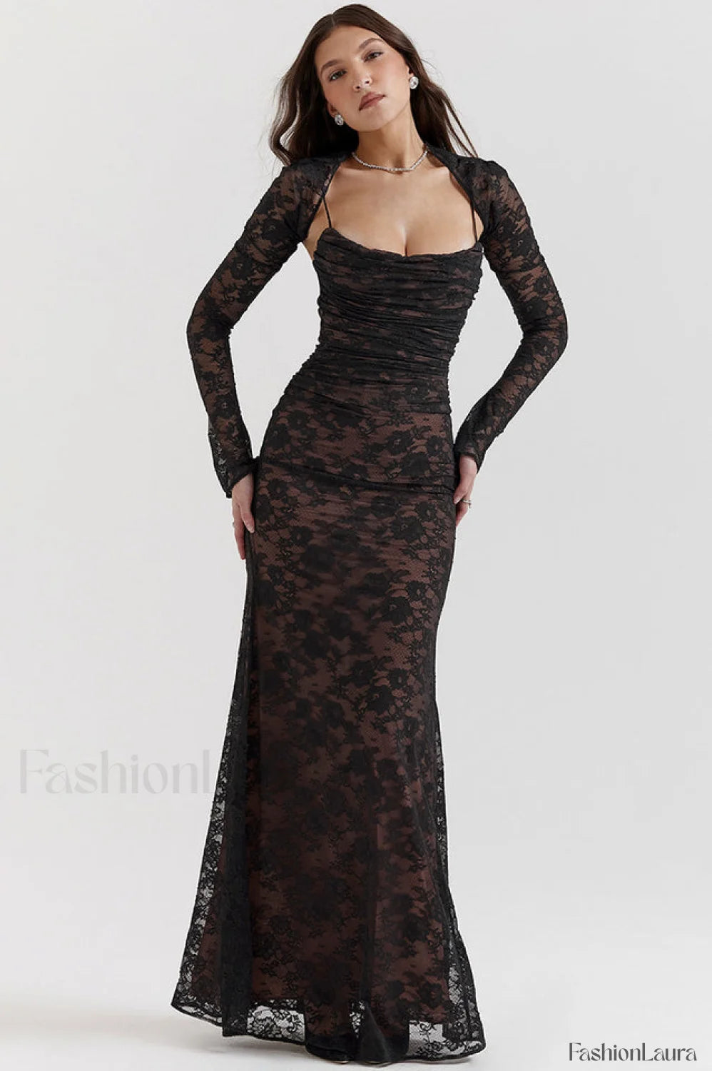 Vintage Cream White Charming Lace Maxi Dress S / Black