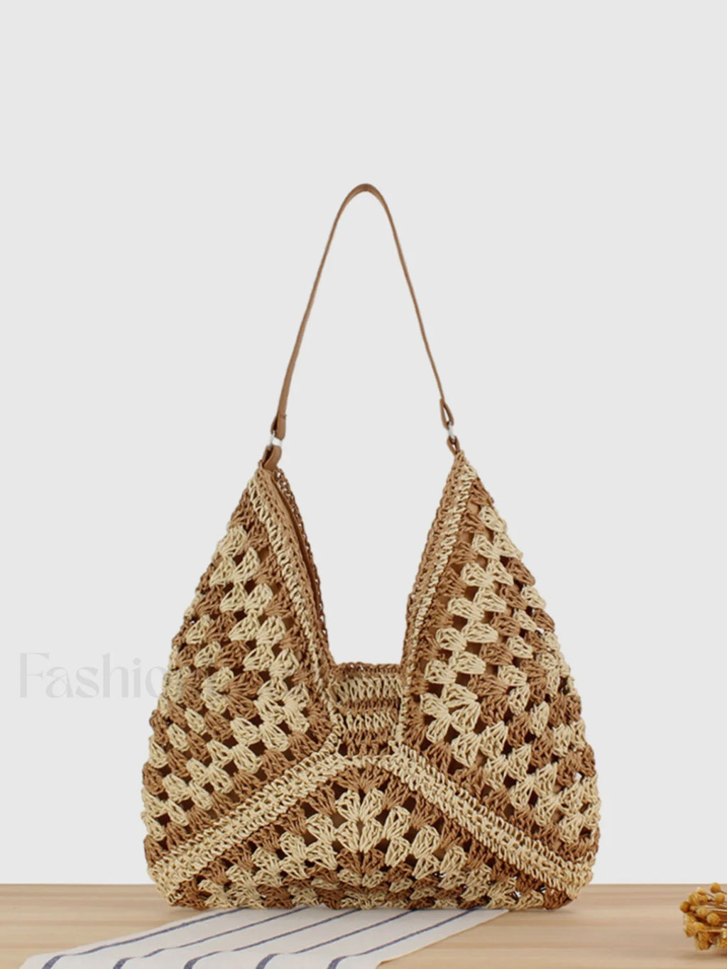 Vintage Crochet Macrame Shoulder Bag Light Brown / One Size Bag