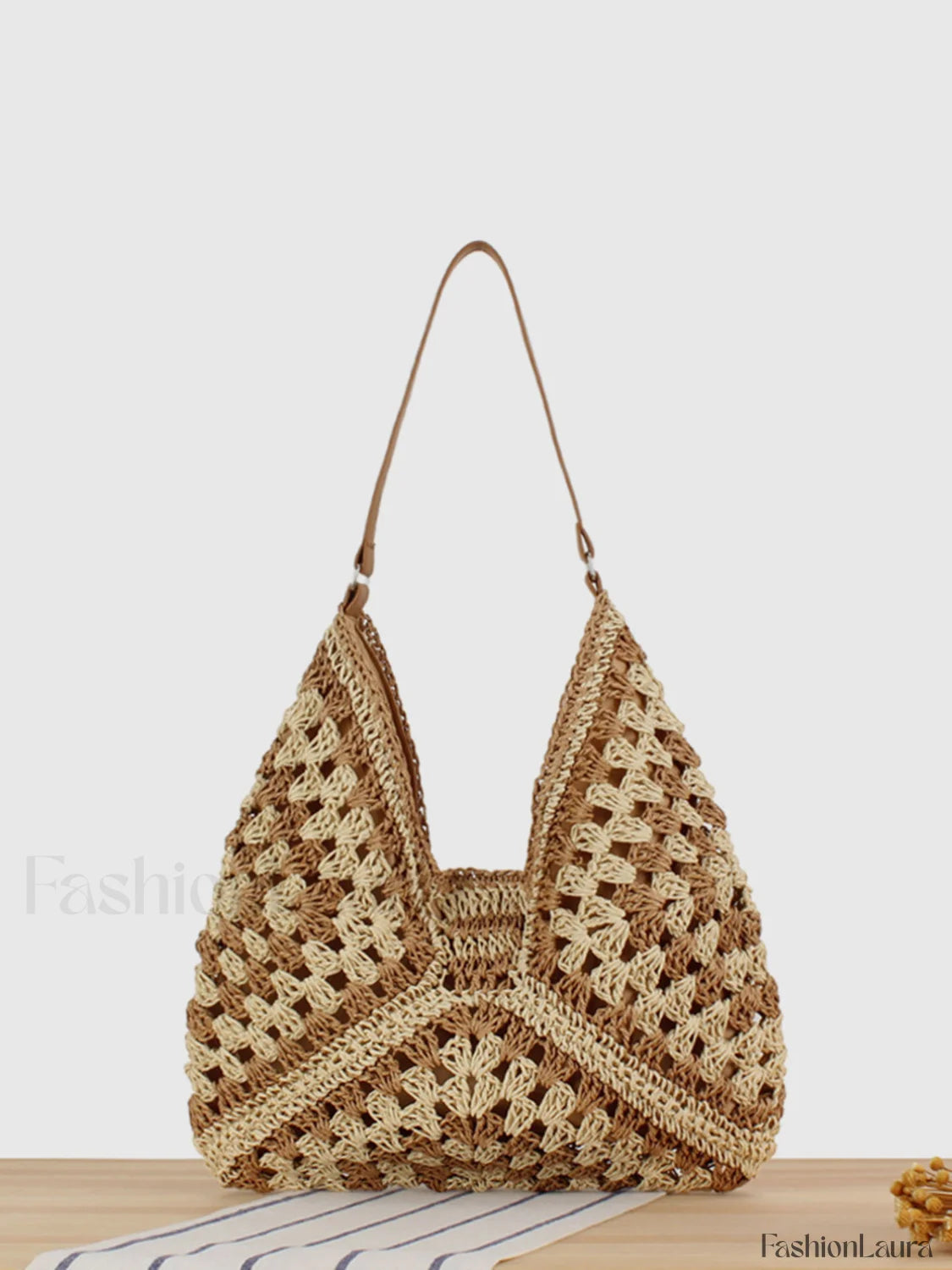 Vintage Crochet Macrame Shoulder Bag Light Brown / One Size Bag