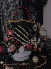 Vintage Crossbody Butterfly Shoulder Gothic Punk Flower Black Skeleton Bag No Pearl chain / 19x18x7cm