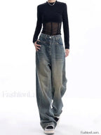 Vintage Dark Wash Trendy High Waist Boyfriend Jeans Retro Blue / L women clothing