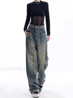 Vintage Dark Wash Trendy High Waist Boyfriend Jeans Retro Blue / L women clothing
