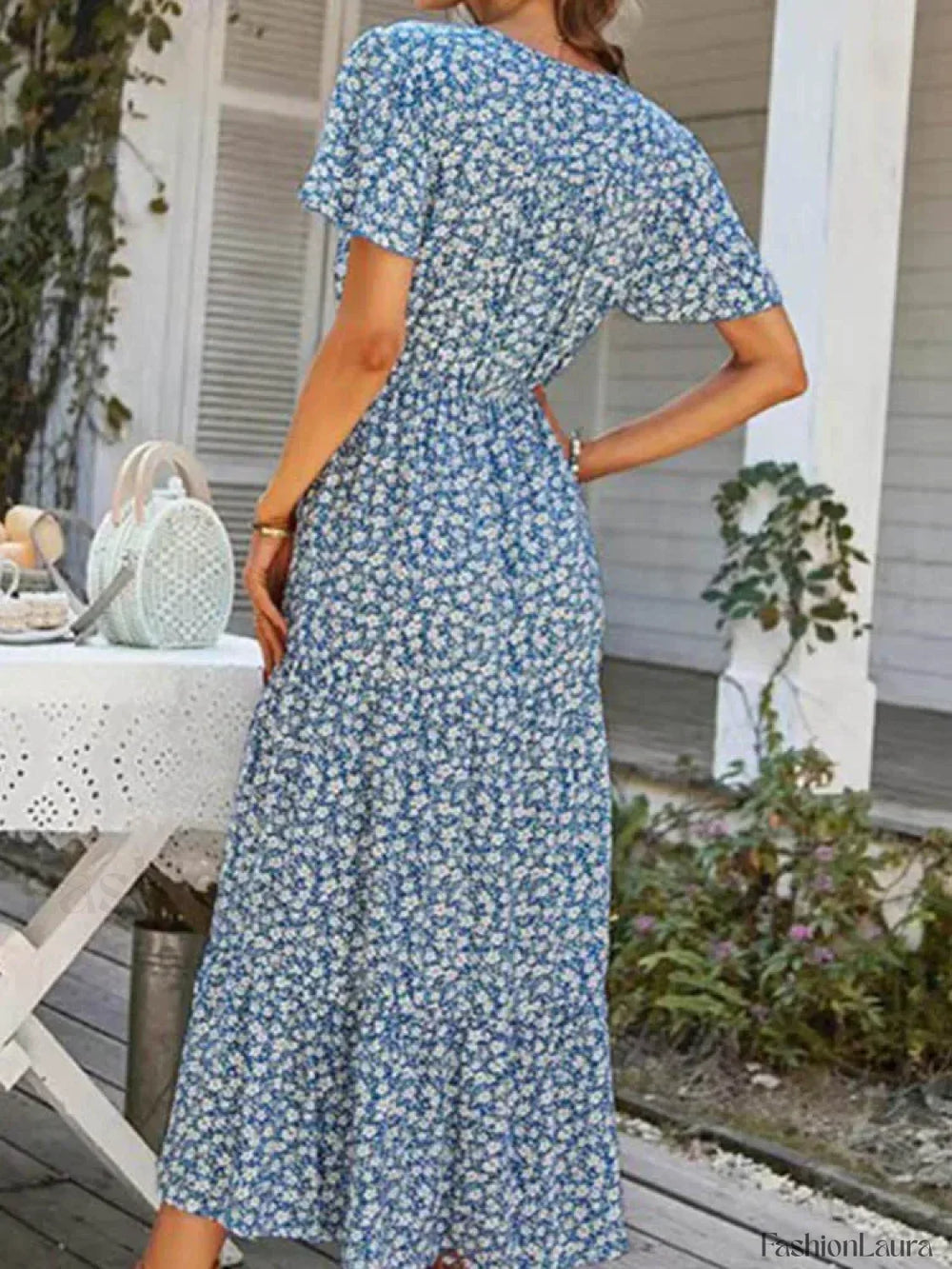 Vintage Floral Elegant Loose Slit Summer Beach Holiday Long Print A Line Dress