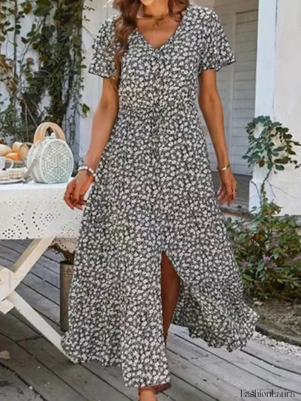 Vintage Floral Elegant Loose Slit Summer Beach Holiday Long Print A Line Dress Black / S