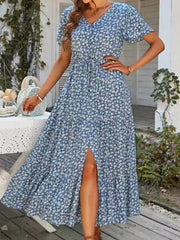 Vintage Floral Elegant Loose Slit Summer Beach Holiday Long Print A Line Dress Blue / S