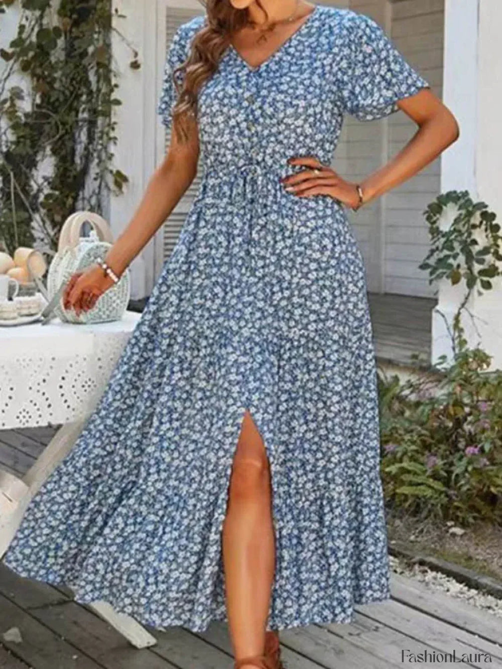 Vintage Floral Elegant Loose Slit Summer Beach Holiday Long Print A Line Dress Blue / S