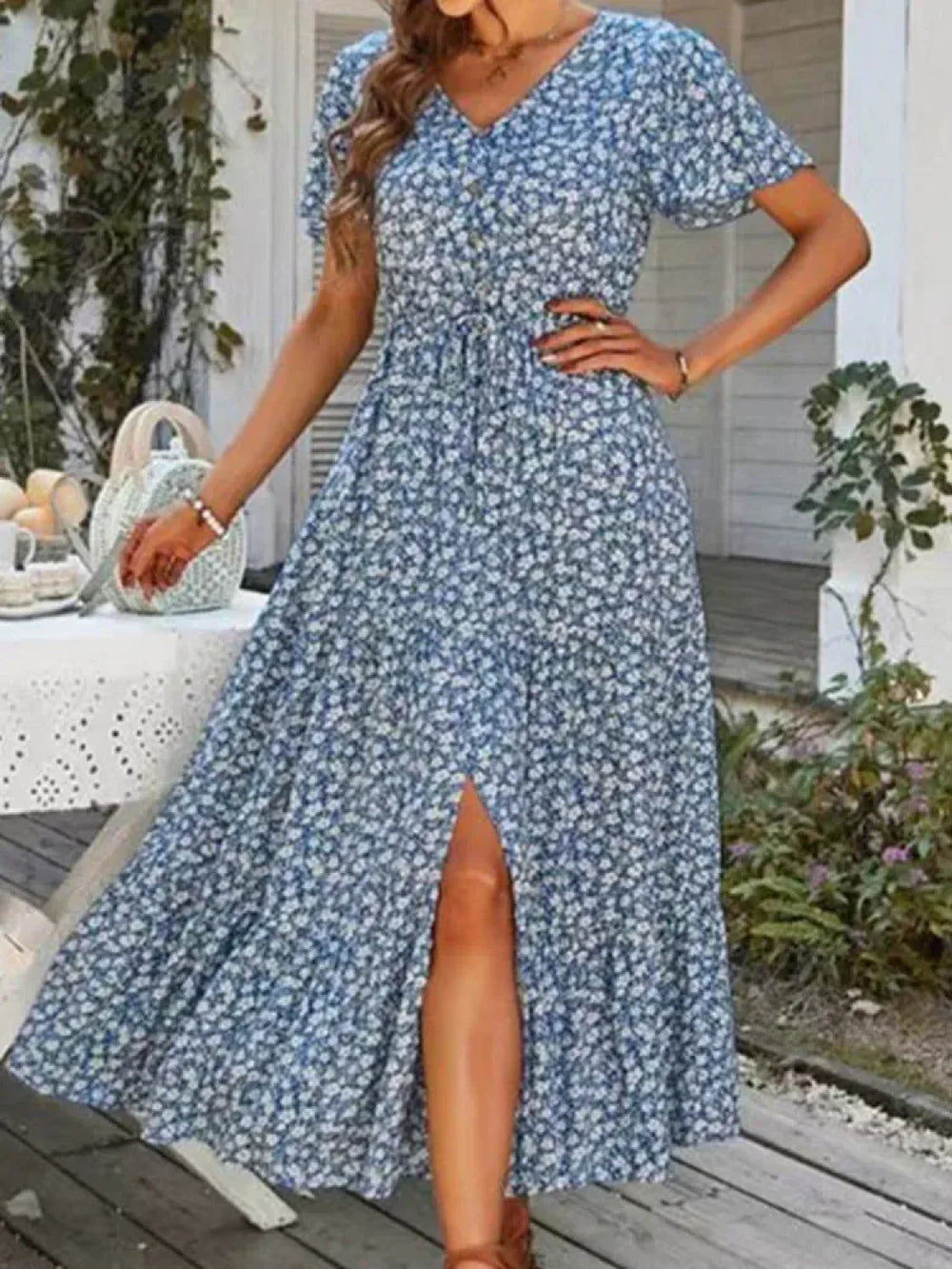 Vintage Floral Elegant Loose Slit Summer Beach Holiday Long Print A Line Dress Blue / S