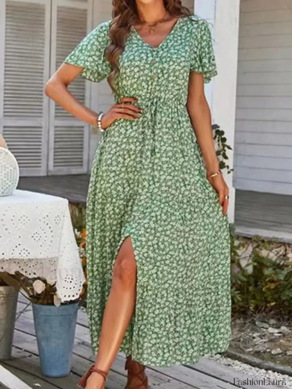 Vintage Floral Elegant Loose Slit Summer Beach Holiday Long Print A Line Dress Green / S