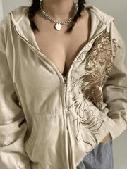 Vintage Floral Graphic Zip Up Hoodie Beige / S Sweatshirts & Hoodies L