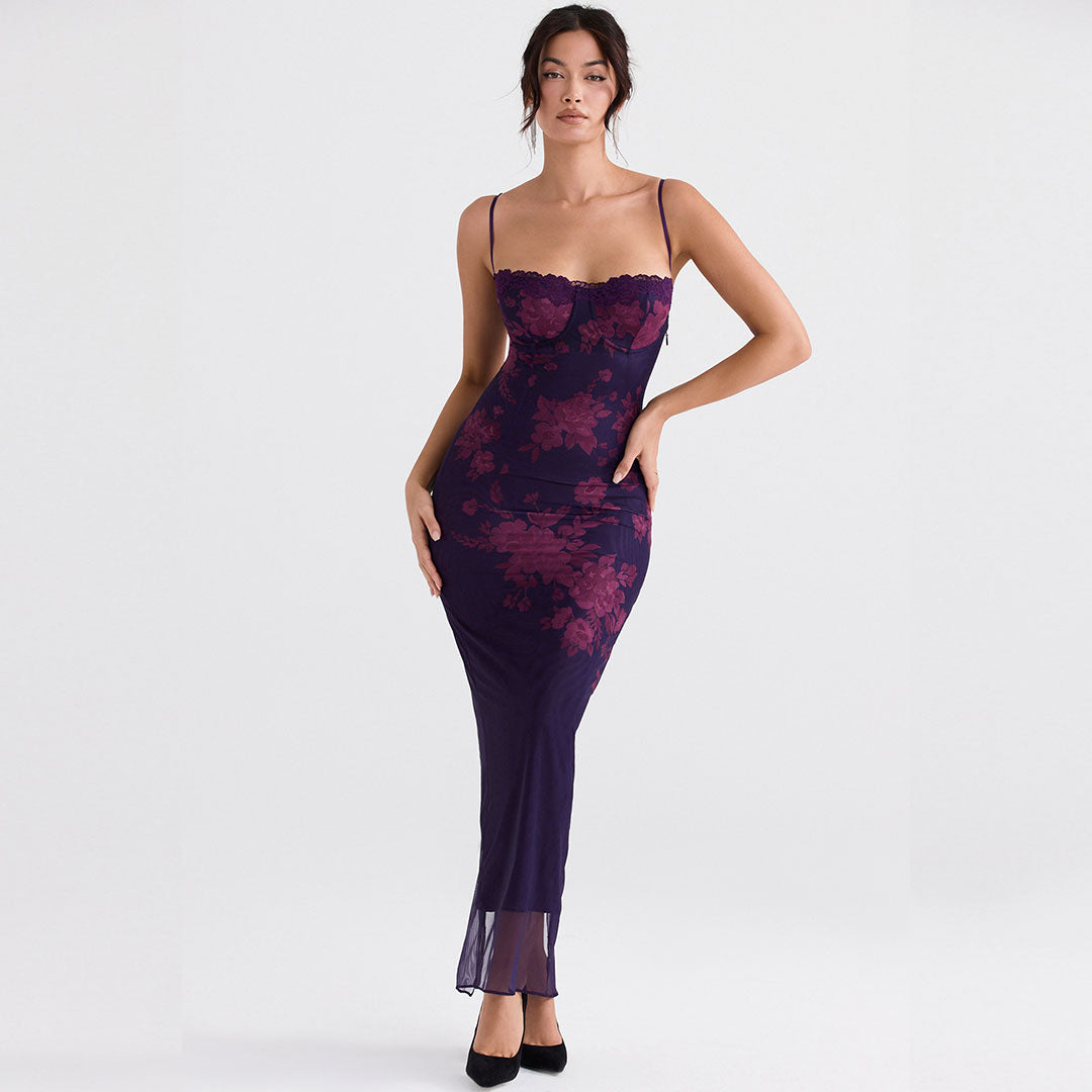 Vintage Flower Print Mesh Panel Lace Up Back Slip Maxi Dress Black S / Black Formal Dresses Main image