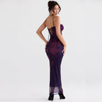 Vintage Flower Print Mesh Panel Lace Up Back Slip Maxi Dress Black L / Black Formal Dresses