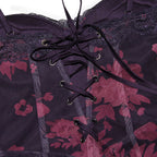 Vintage Flower Print Mesh Panel Lace Up Back Slip Maxi Dress Black Formal Dresses