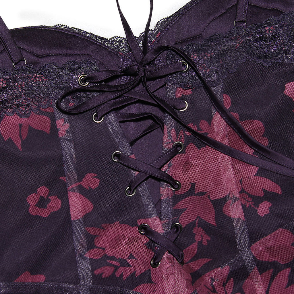 Vintage Flower Print Mesh Panel Lace Up Back Slip Maxi Dress Black Formal Dresses