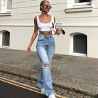 Vintage High Waist Cut Out Frayed Straight Leg Jeans Light Blue M / Light Blue Jeans