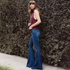 Vintage High Waist Faded Frayed Skinny Flare Jeans Dark Blue 26 / Dark Blue Jeans