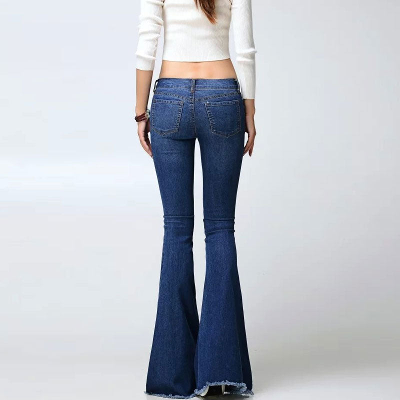 Vintage High Waist Faded Frayed Skinny Flare Jeans Dark Blue 28 / Dark Blue Jeans