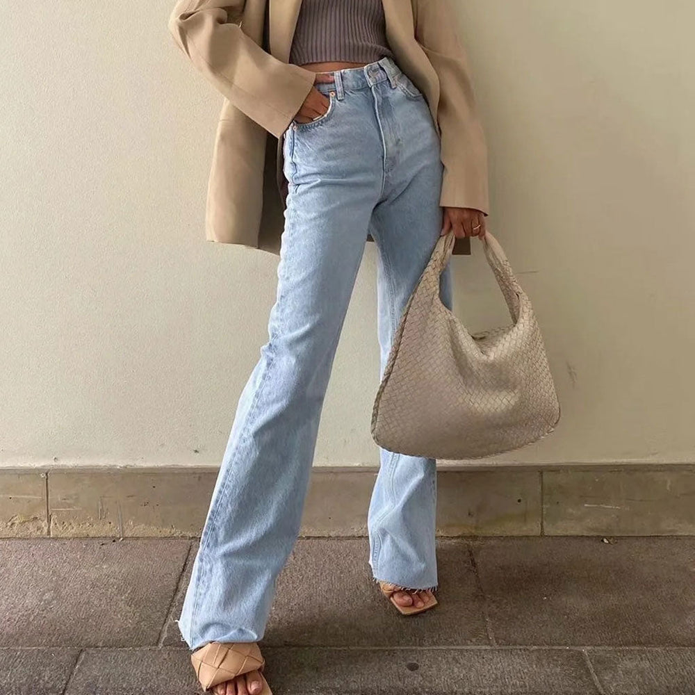 Vintage High Waist Frayed Trim Wide Leg Jeans Light Blue M / Light Blue Jeans