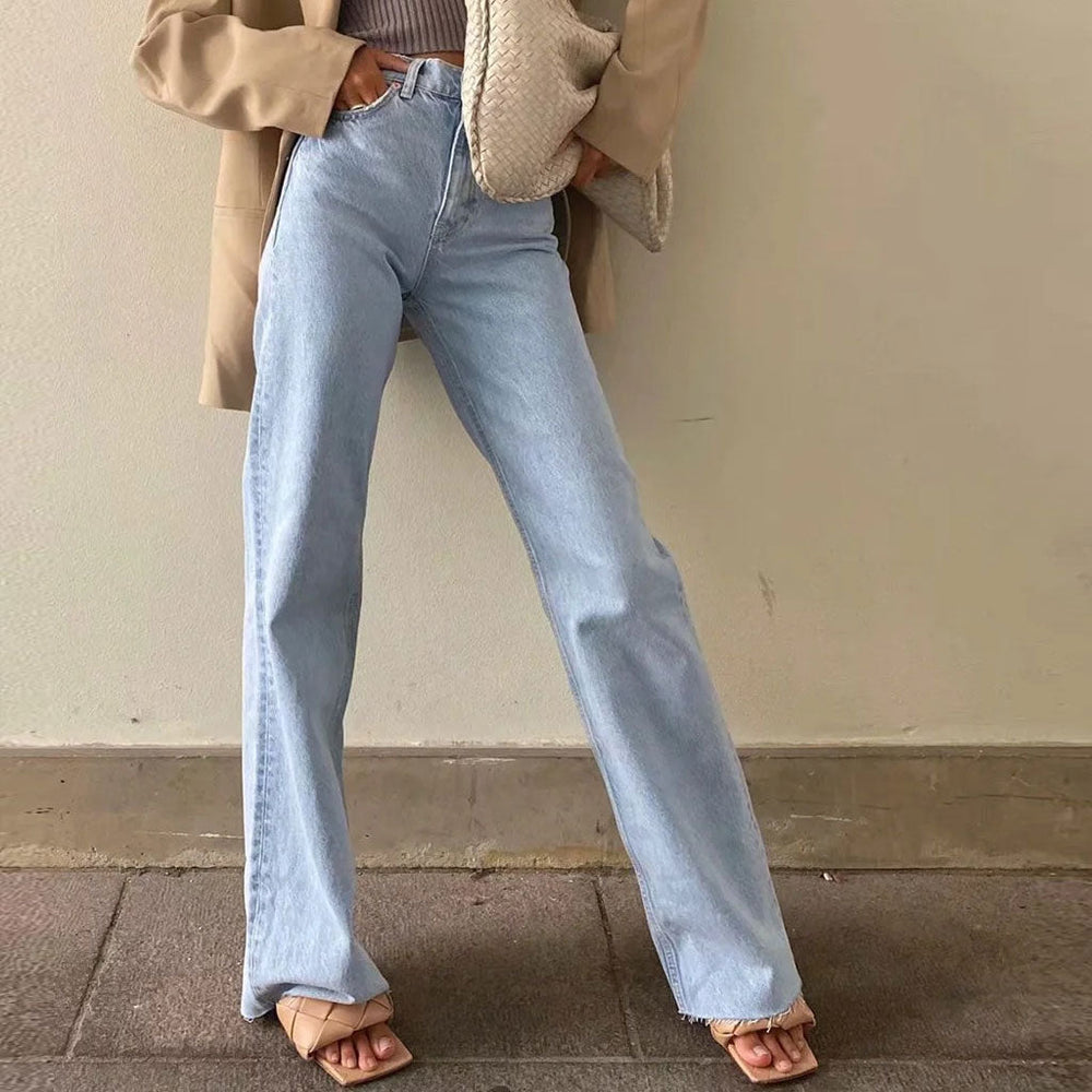 Vintage High Waist Frayed Trim Wide Leg Jeans Light Blue S / Light Blue Jeans