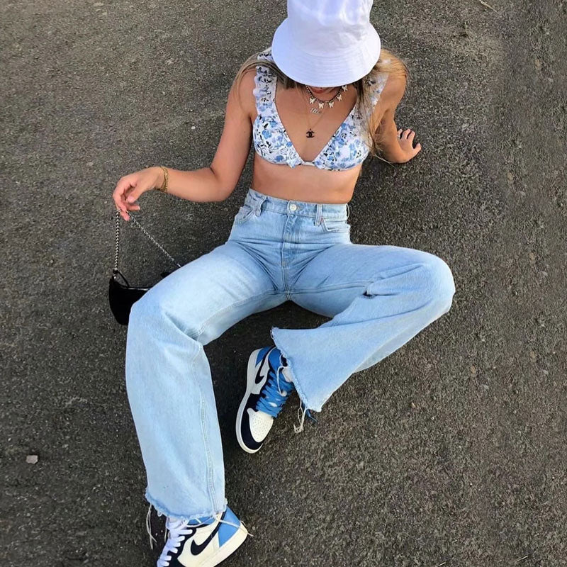 Vintage High Waist Frayed Trim Wide Leg Jeans Light Blue Jeans