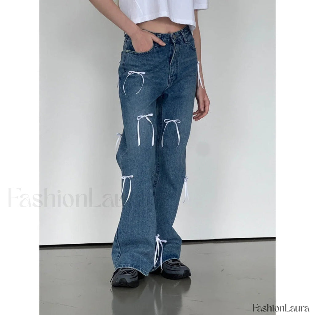 Vintage High Waist Trendy Bow Wide Leg Jeans women clothing