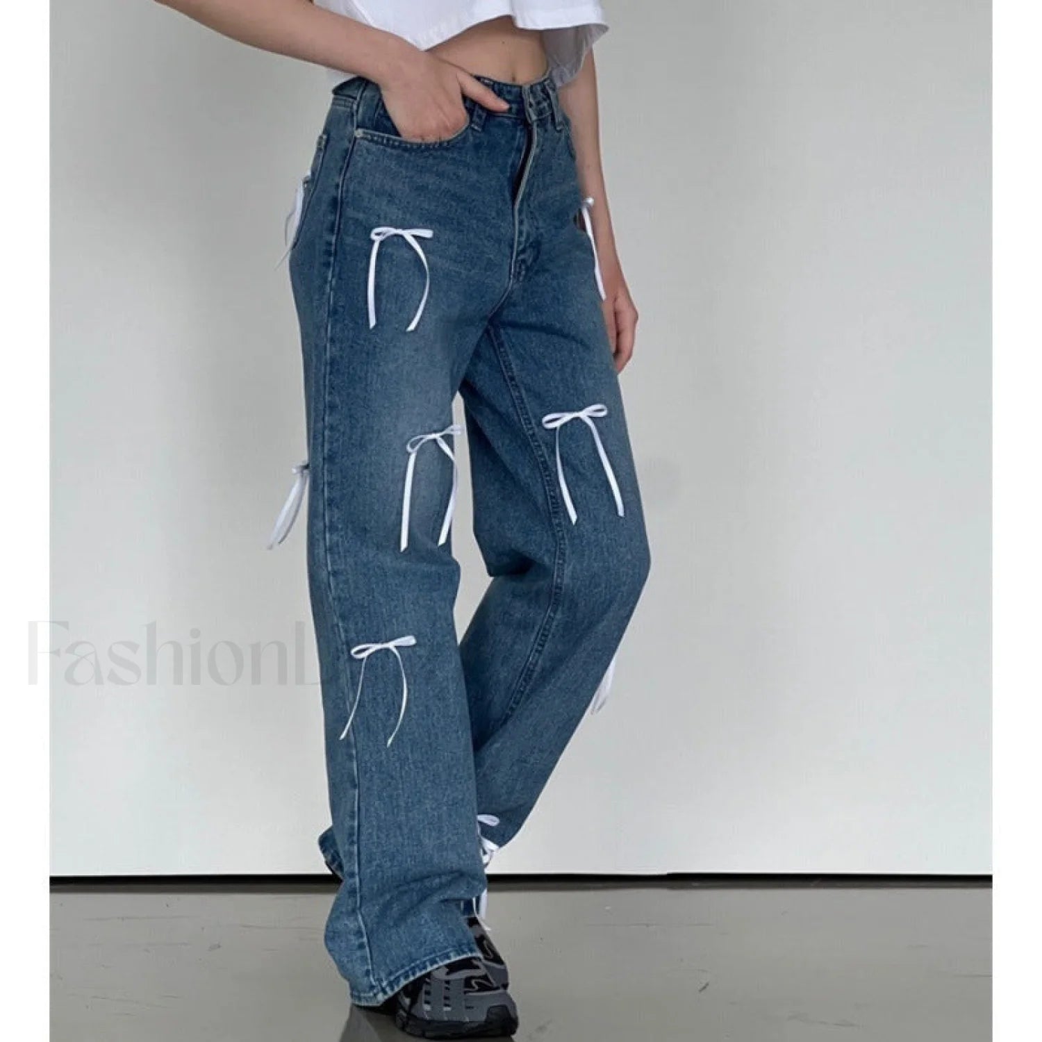 Vintage High Waist Trendy Bow Wide Leg Jeans women clothing