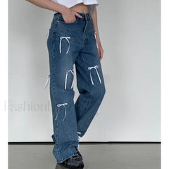 Vintage High Waist Trendy Bow Wide Leg Jeans women clothing