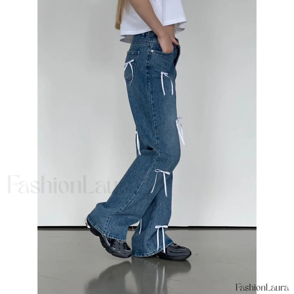 Vintage High Waist Trendy Bow Wide Leg Jeans women clothing