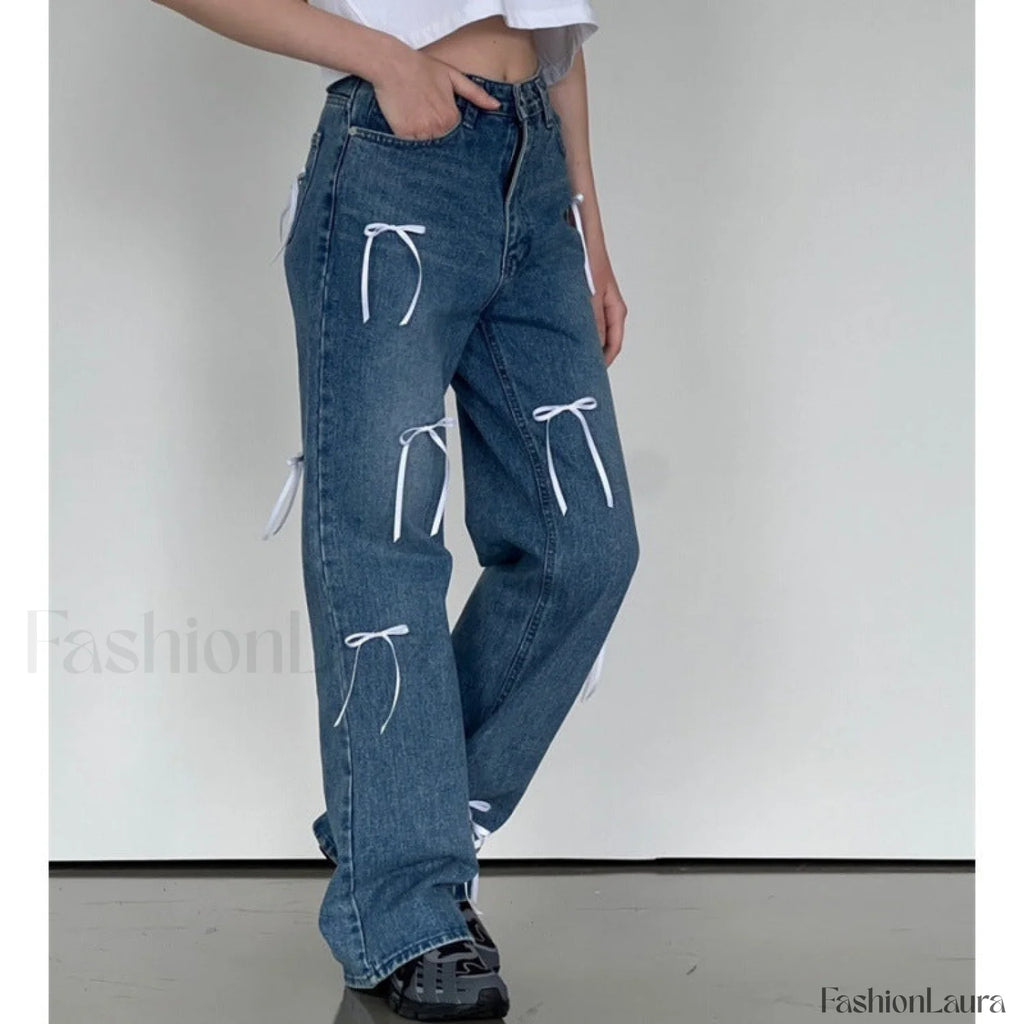 Vintage High Waist Trendy Bow Wide Leg Jeans women clothing