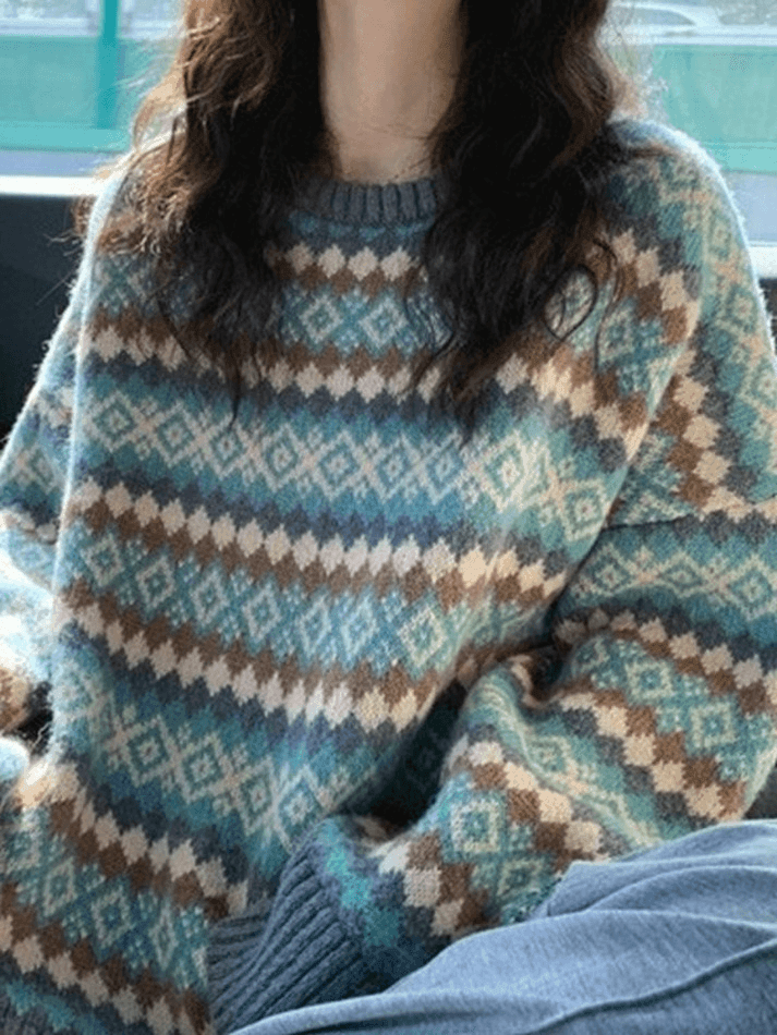 Vintage Jacquard Crew Neck Sweater Green / ONE SIZE Sweaters Main image