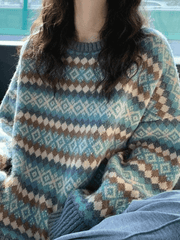 Vintage Jacquard Crew Neck Sweater Green / ONE SIZE Sweaters