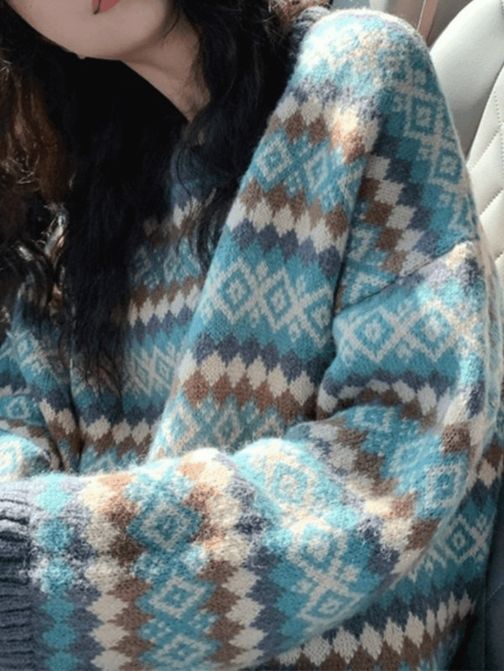 Vintage Jacquard Crew Neck Sweater Green / ONE SIZE Sweaters