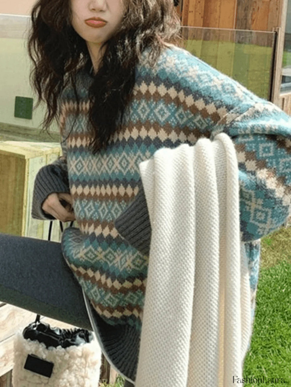 Vintage Jacquard Crew Neck Sweater Green / ONE SIZE Sweaters