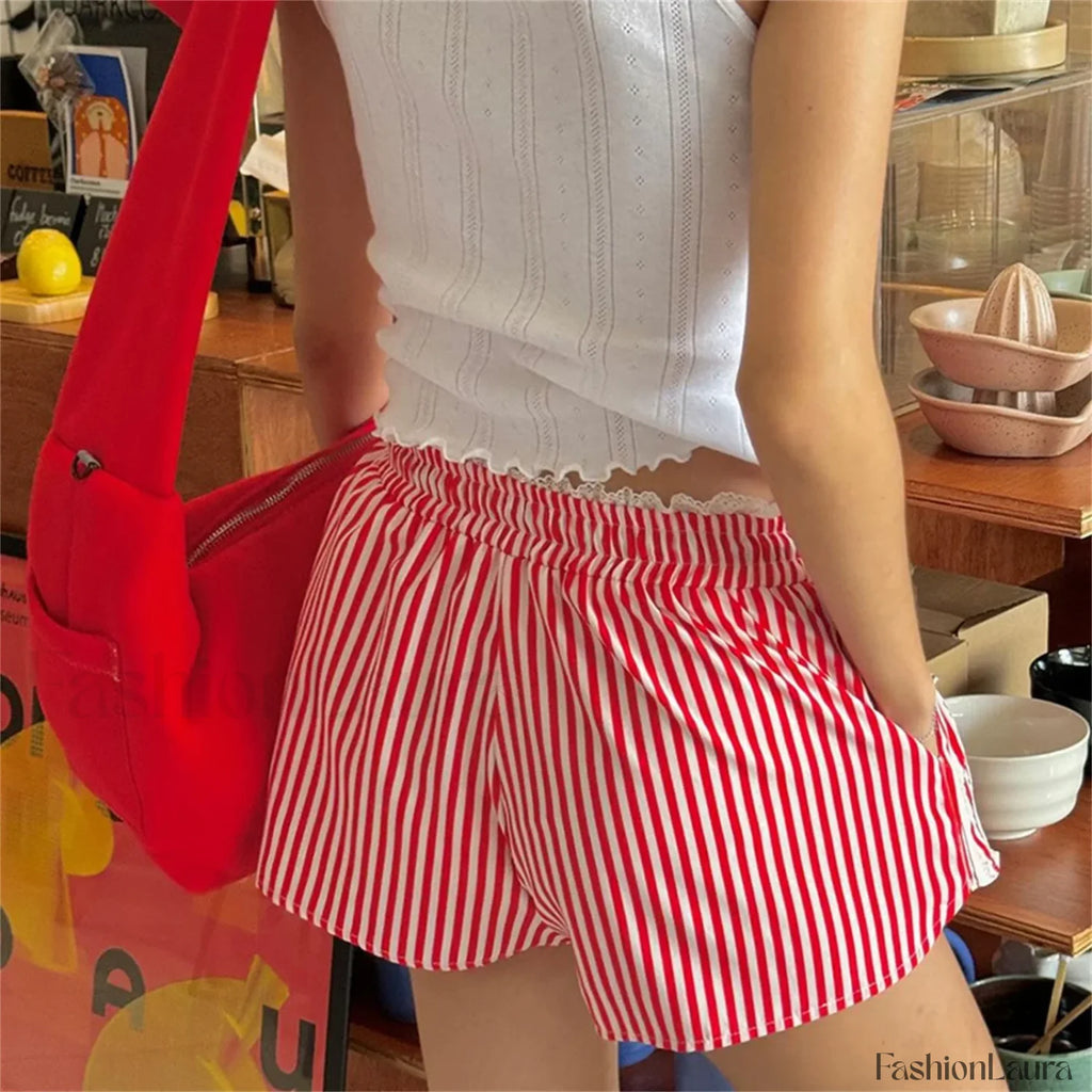 Vintage Kawaii Ruffles Lace Trim Striped Short