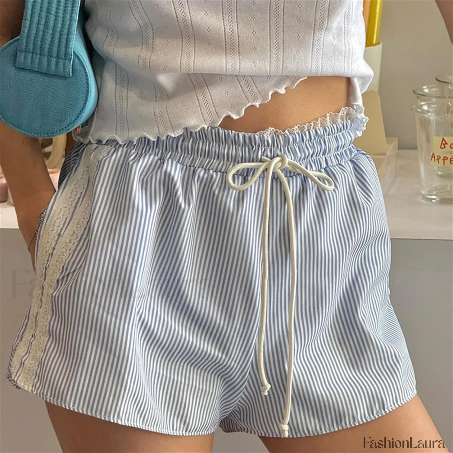 Vintage Kawaii Ruffles Lace Trim Striped Short blue / S
