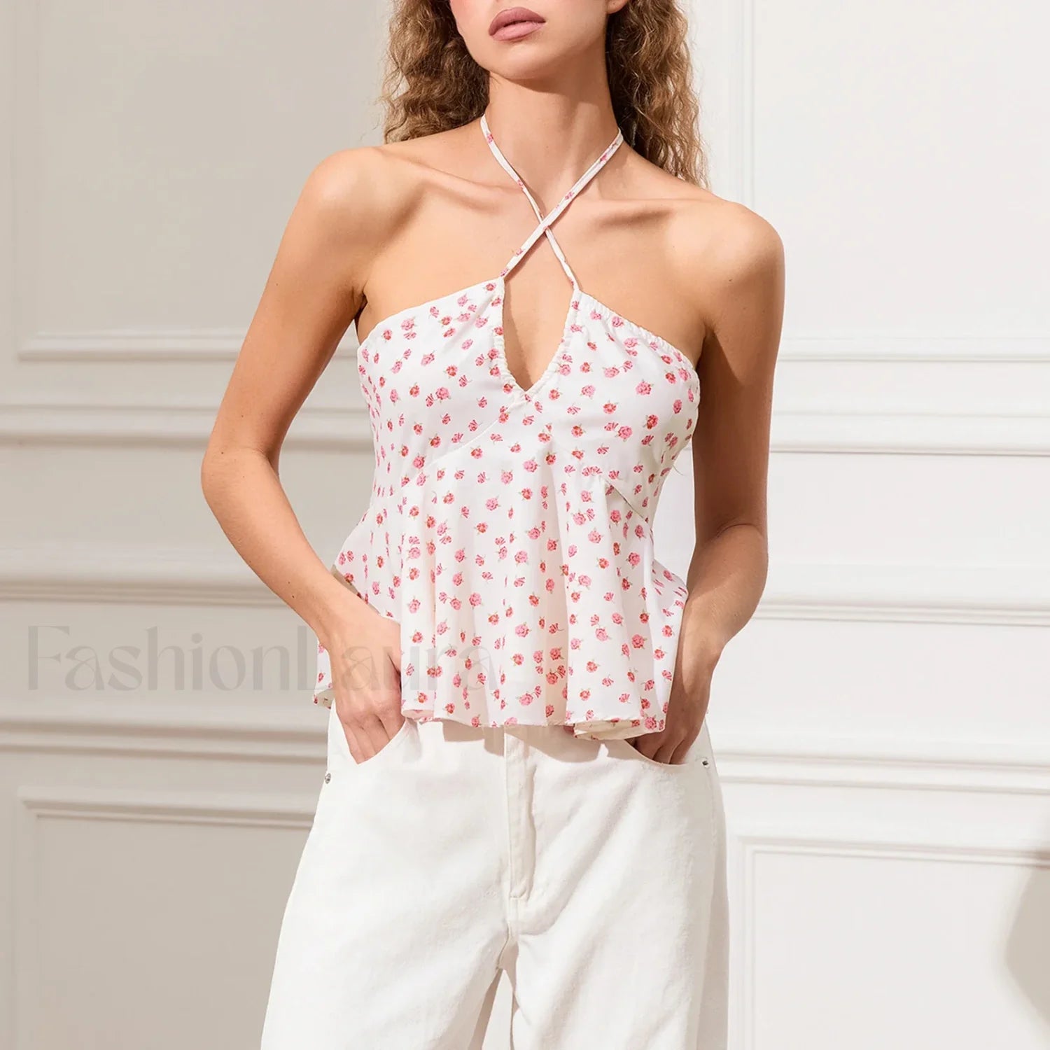 Vintage Keyhole Halter Crop Top Pink / S
