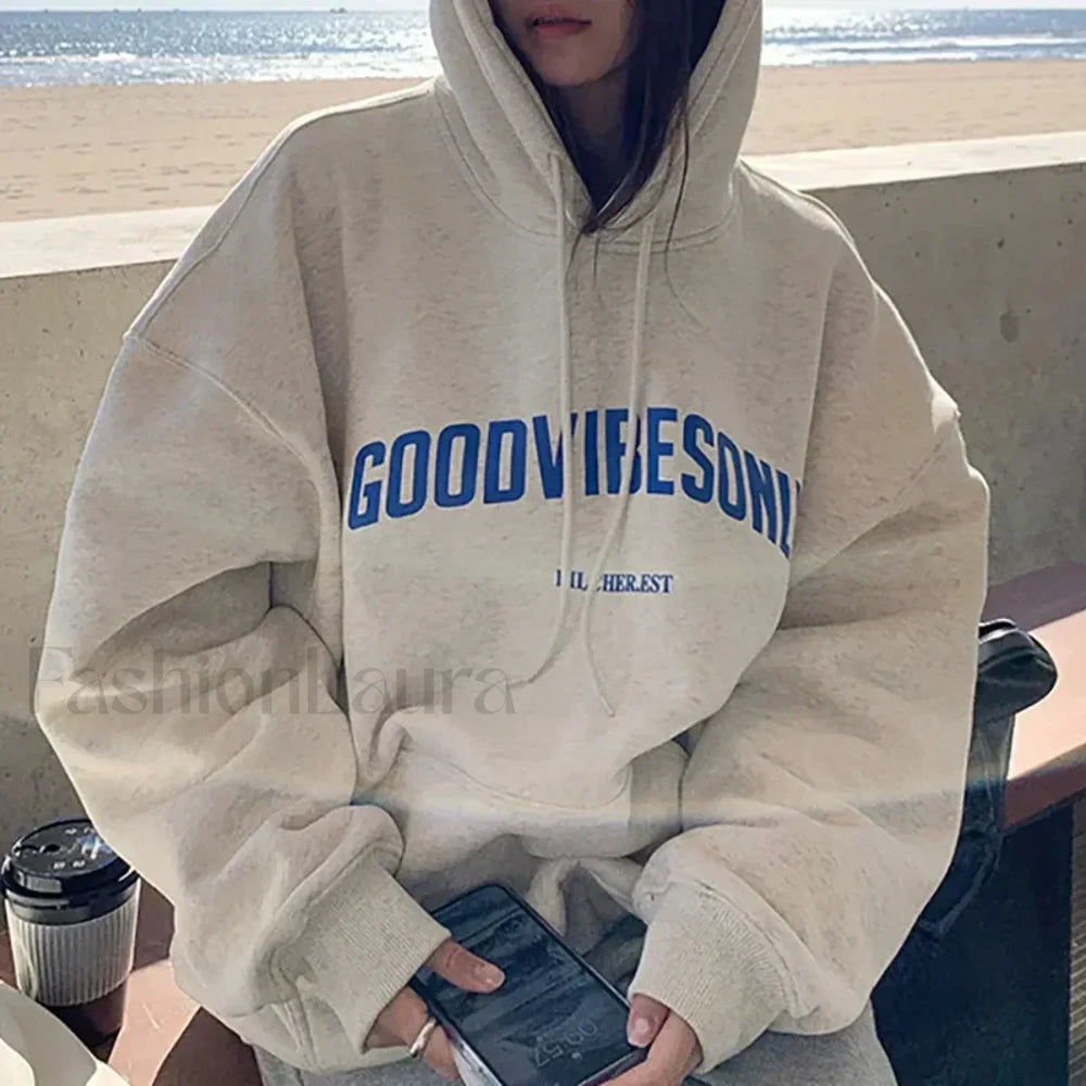 Vintage Letter Print Loose Grunge Street Warm Oversize Pullover Hoody APRICOT / M Sweatshirts & Hoodies L