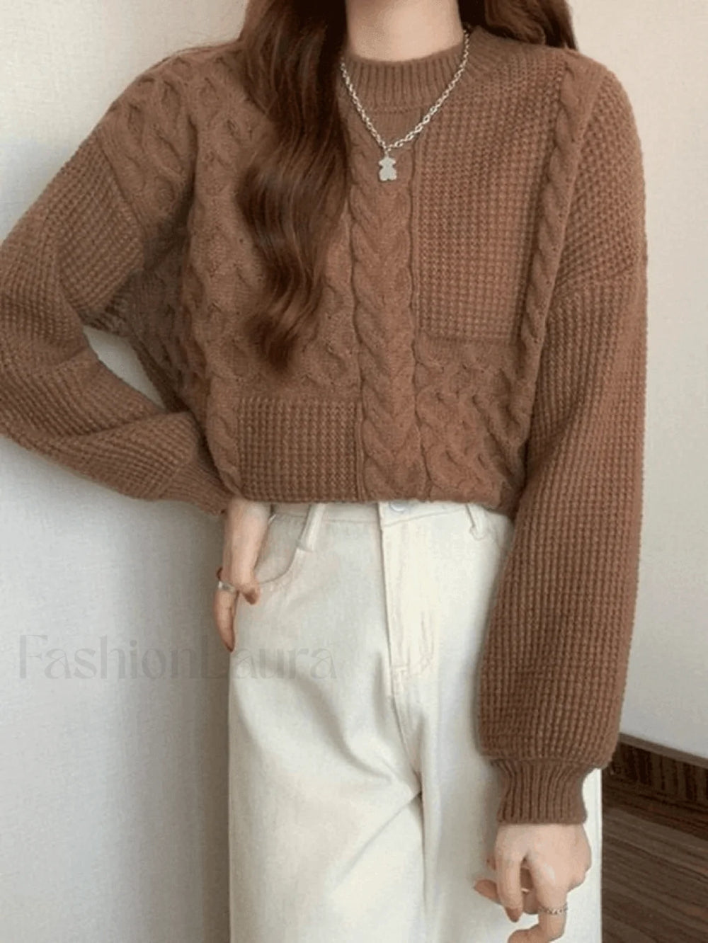 Vintage Long Sleeve Cable Knit Sweater Brown / ONE SIZE Sweaters