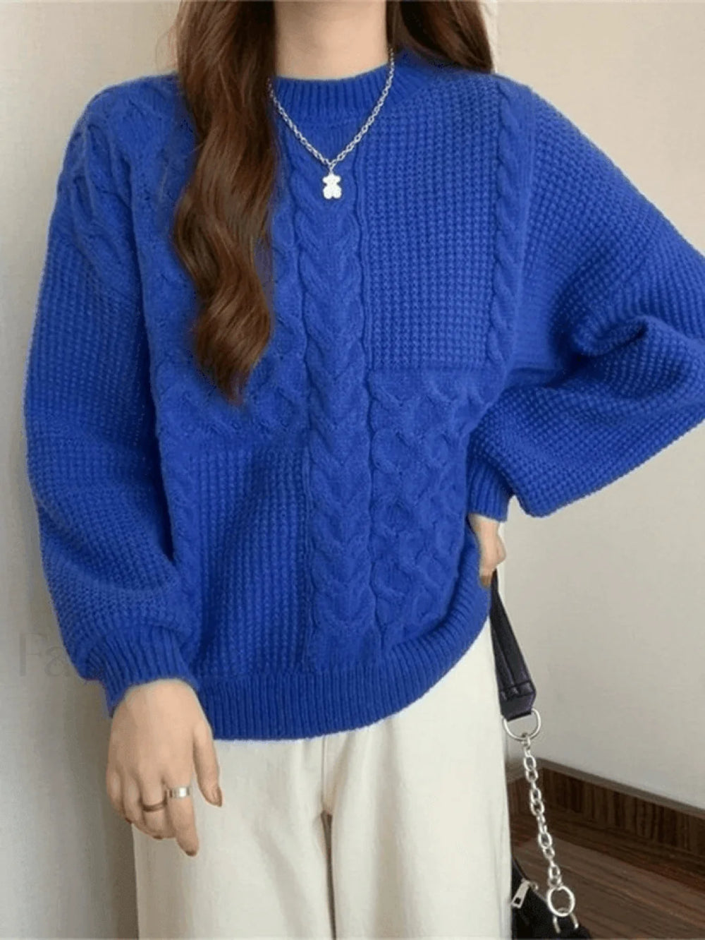 Vintage Long Sleeve Cable Knit Sweater Blue / ONE SIZE Sweaters