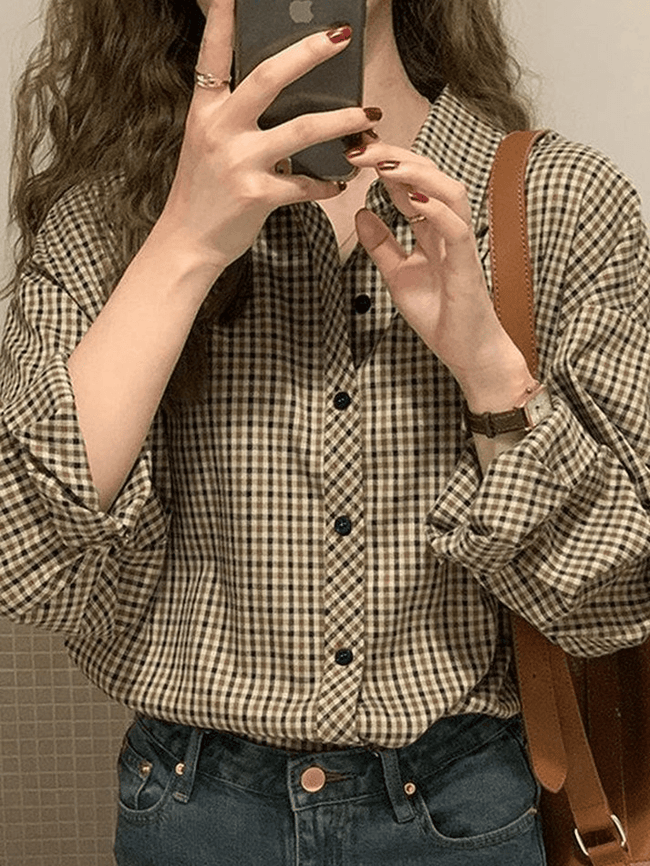 Vintage Long Sleeve Checkered Blouse Brown / S Shirts Main image