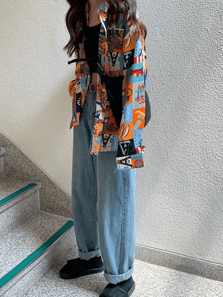 Vintage Mixed Print Long Sleeve Blouse Shirts