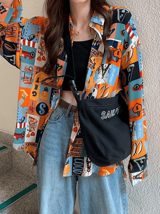 Vintage Mixed Print Long Sleeve Blouse Orange / S Shirts Main image
