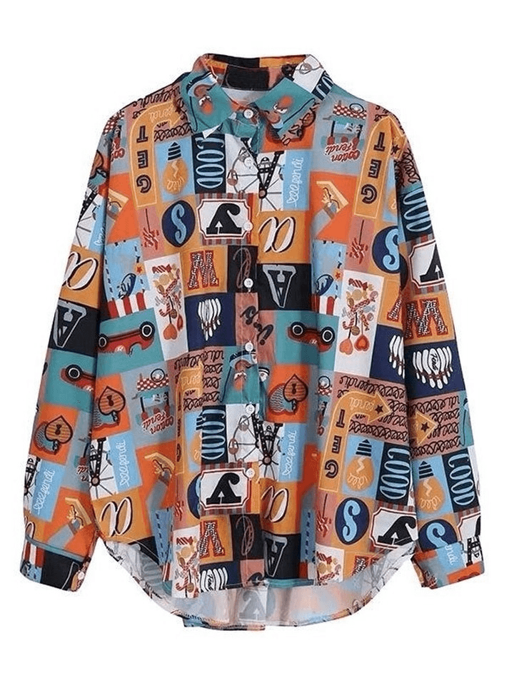 Vintage Mixed Print Long Sleeve Blouse Shirts